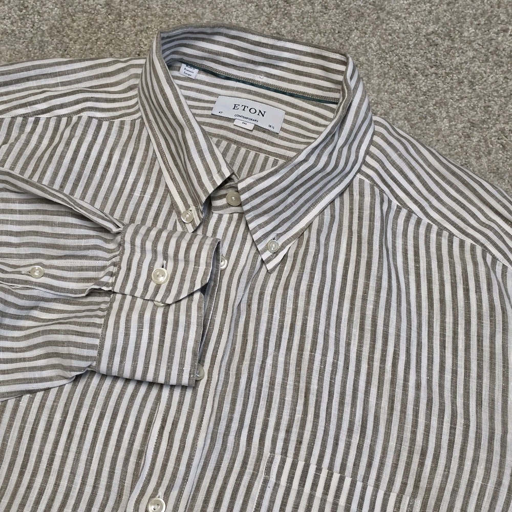 Eton Linen Stripe Shirt Brown White 3XL 18.5 Contemporary Fit Luxury EU